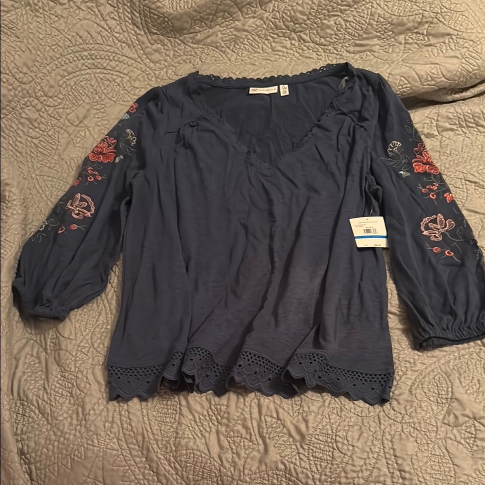 Rafaella Blue Puff Sleeve Blouse with Ruffled Embellishments